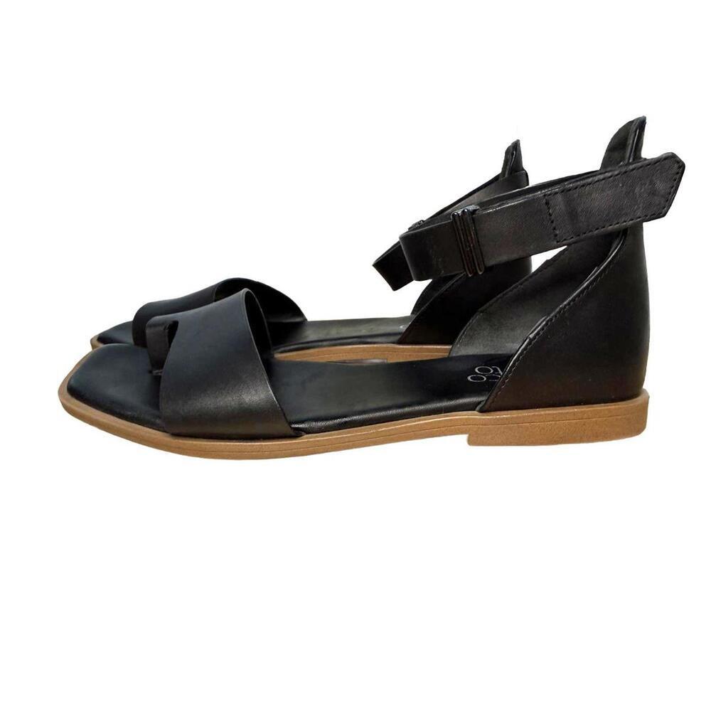 Franco Sarto Black Leather Ankle-Strap Flat Sandals